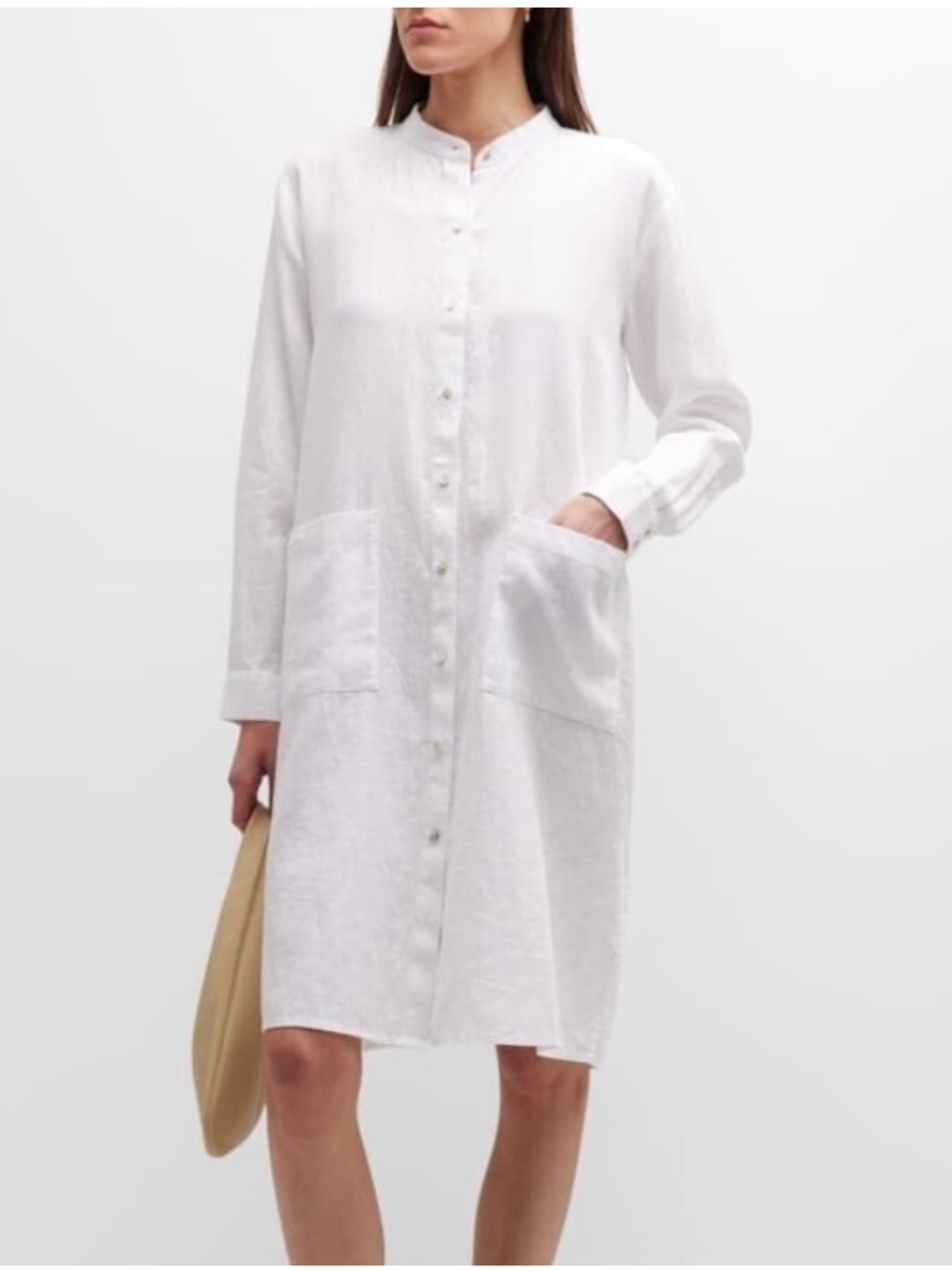 Eileen Fisher White Linen Mandarin-Collar Shirt Dress - Picture 1 of 4